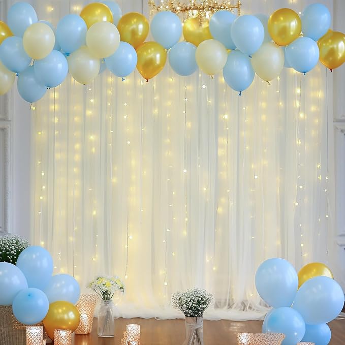 10ft x 10ft Ivory Backdrop Curtain with Lights String for Parties, Sheer Tulle Wedding Photo Backdrops Drapes for Baby Shower Birthday Party Decorations Background for Photography
