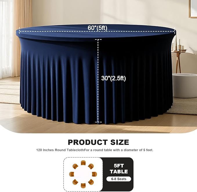 2 Pack Navy Blue Round Tablecloth with Ruffle Skirt, 60 Inch Elastic Fitted Table Cover for 5FT Table, Wrinkle-Resistant & Perfect for Graduation,Memorial Day,Veterans Day,Holiday Decor