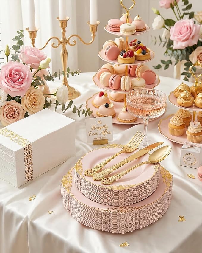 Ciaell 300PCS Pink and Gold Plastic Plates - Pink Disposable Dinnerware Sets for 50 Guests - 100 Plates, 50 Knives, 50 Forks, 50 Spoons, and 50 Napkins for Wedding, Party & Mother's Day