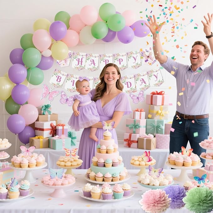 Fairy Birthday Party Decorations Set, Fairy Themed Party Decorations, Green Purple Pink Yellow Balloons Butterfly Banner for Birthday Decorations Spring Tea Party