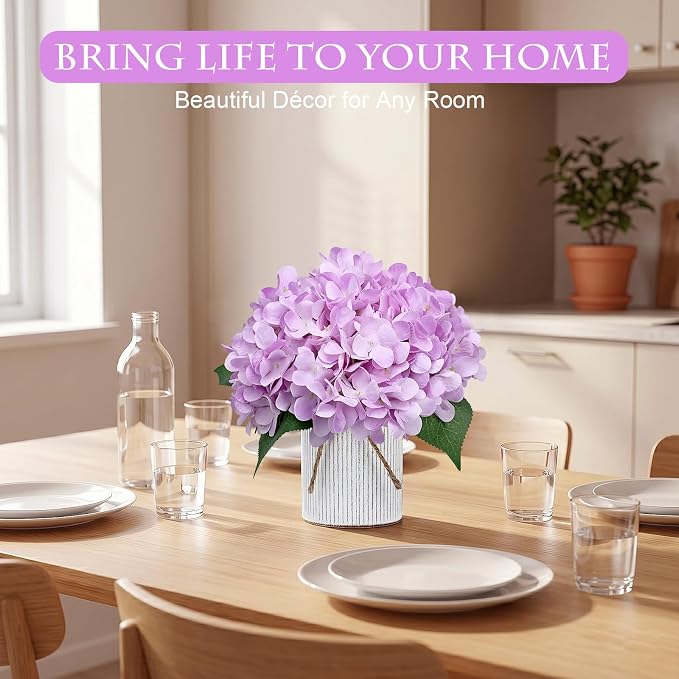 Set of 6 Flower Table Centerpieces - Lilac Fake Hydrangeas Floral Arrangement with Rustic Metal Vase for Baby Bridal Shower Birthday Party Event Wedding Decorations
