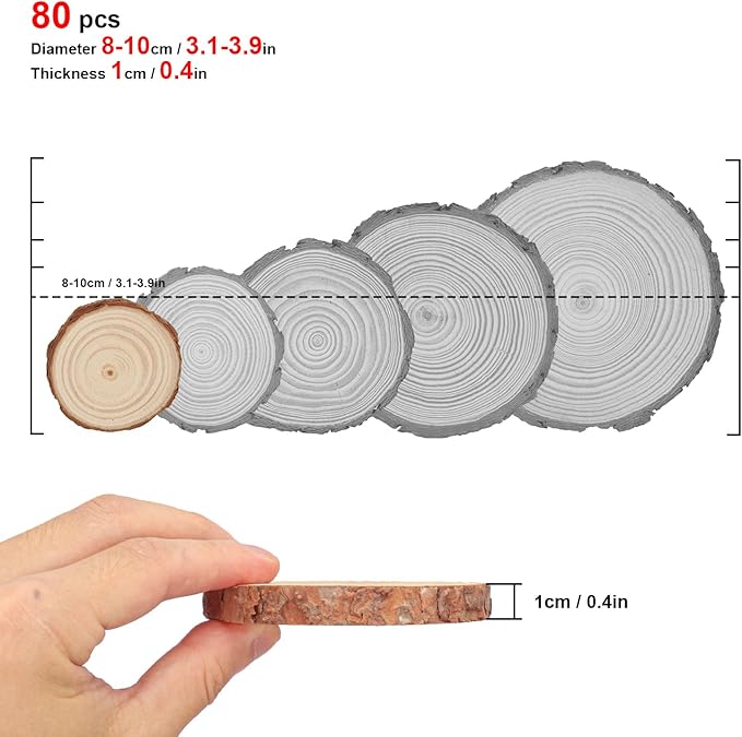 80 PCS 3.15-4 Inch Mini Round Wood Slices, 3.15-4 Inch Small Wooden Slices with Tree Bark, Rounds Wooden Slice for DIY Crafts, Centerpieces, Art & Decor