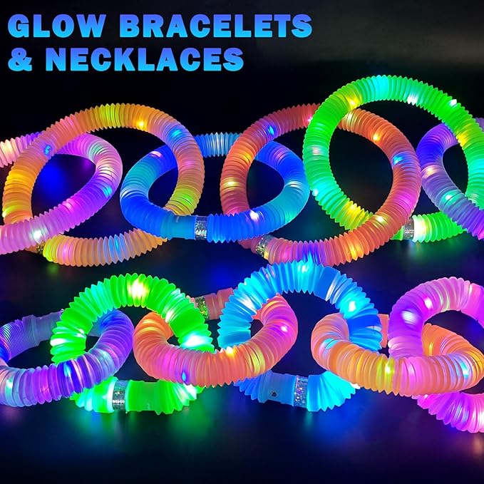 Glow Sticks Camping Essentials for Toddlers-6 PCS,Light Up Pop Tube Wand Toys Gifts for Kids,LED Bracelet Necklace Party Accessories,Fun Summer Outdoor Camp Games Activities Gear Stuff for Boys Girls