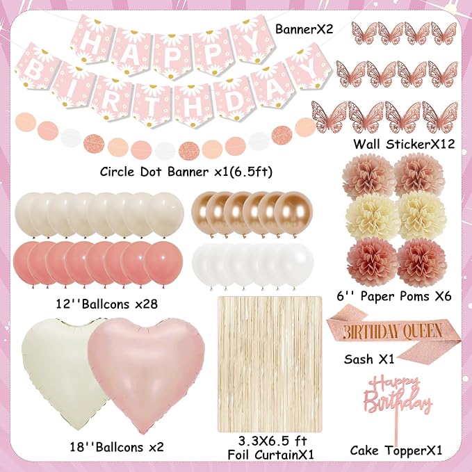 54Pcs Blush Beige Birthday Decorations, Birthday Decorations for Girls Boho Birthday Decorations with Flower Banner Balloons Sash Fringe Curtain Paper Pompoms Pink Birthday Decoration for Women