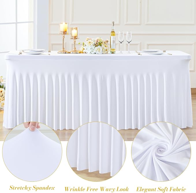 6 Pack White Table Cloth for 6 Foot Rectangle Tables Spandex Fitted Tablecloth 6ft Stretch Table Covers Skirt White Banquet Tablecloths Wrinkle Free Tablecloth for Party Wedding Birthday Event