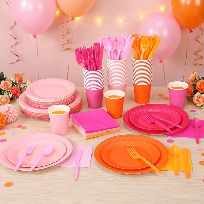 Ziliny 420 Pcs Orange and Pink Paper Plates and Napkins 9 oz Paper Cups Forks Knives Spoons Disposable Tableware for Summer Tropical Theme Birthday Party Supplies, Serves 60