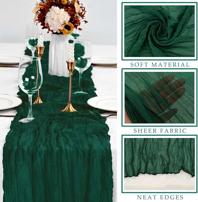 6 Pcs Emerald Green 10FT Cheesecloth Table Runner Gauze Fabric Runner for Tables Boho Table Runner Decoration Rustic Sheer Runner for Wedding Birthday Baby Bridal Shower Party (35 x 120 Inches Long)