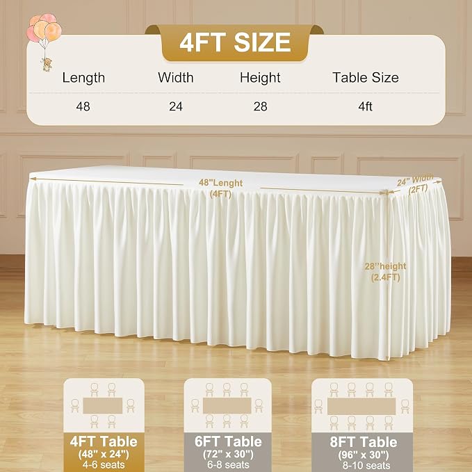 2 Packs Ivory Spandex Tablecloths Rectangle Tables 4ft, Stretch Fitted Table Covers for 4 Foot Tables Wrinkle Free Rectangle Table Cloth with Skirt for Birthday Party Events Banquette Baby Shower