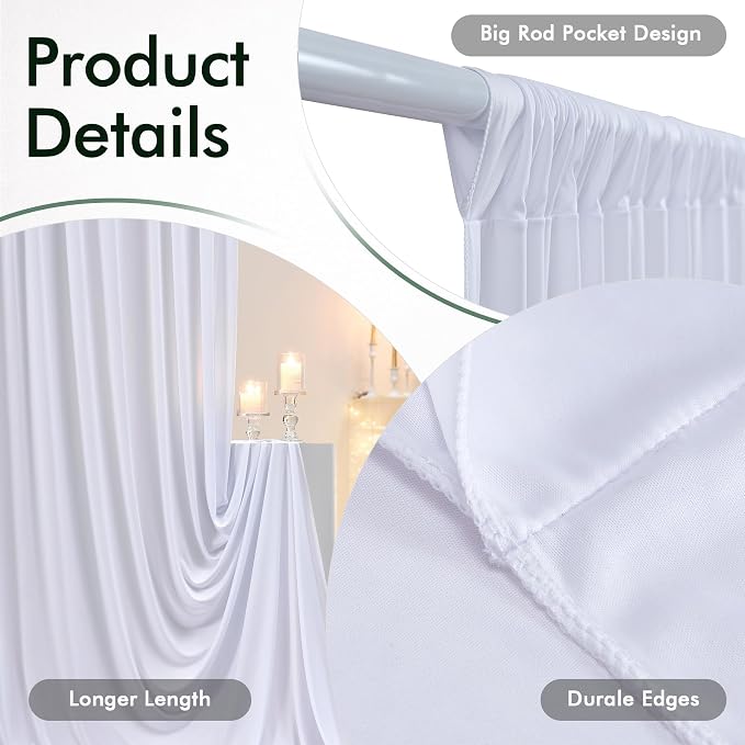 50ftx12ft Wrinkle Free White Backdrop Curtain, 10 Panels 12FT Height White Drapes for Wedding, Silky Polyester Photo Back Drop Cloth Draping for Birthday Party Photography Background