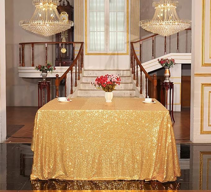 Juya Delight 90" x 156" Bright Gold Sequin Rectangular‌ Tablecloth for Wedding Birthday Party Festival Ceremony Cake Dessert Table
