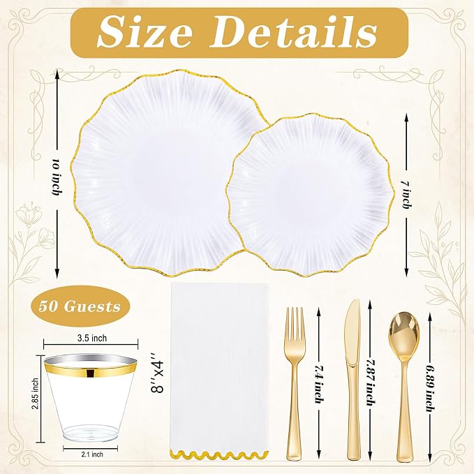 I00000 350 PCS White and Gold Plastic Plates for 50 Guests, Premium Scalloped Disposable Dinnerware Set Include: 100 Disposable Plate, 50 Napkins, 50 Cups, 50 Silverware Set for Party & Wedding