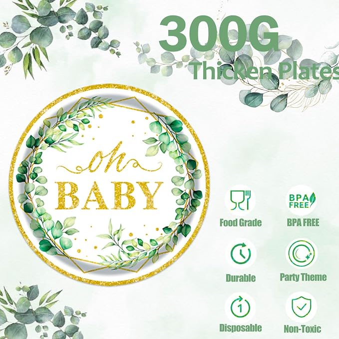 Sage Greenery Baby Shower Plates and Napkins Tableware Set - 175pcs Gender Neutral Baby Shower Decorations Oh Baby Party Supplies, Disposable Paper Plates Napkins for Baby Girl Boy Shower Decorations