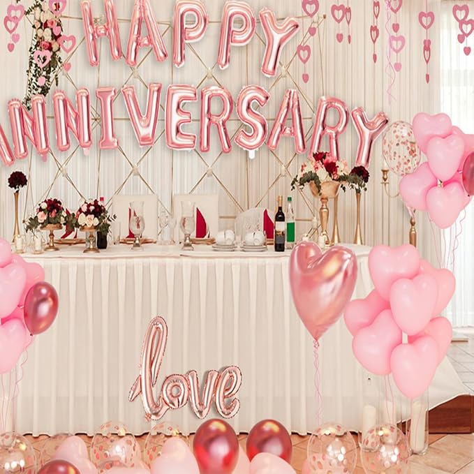 Anniversary Decorations, Happy Anniversary Balloons Banner, Pink Heart Balloons Heart Hanging String Pink Rose Petals for Wedding and Valentines Day Romantic