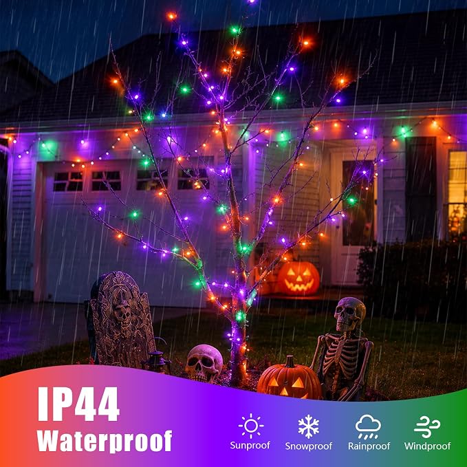 YEGUO Battery Operated Halloween Lights, 2 Pack Each 33ft 100 LED Orange Purple and Green String Lights Outdoor Waterproof, 8 Modes Clear Wire Christmas Twinkle Lights Indoor with Remote