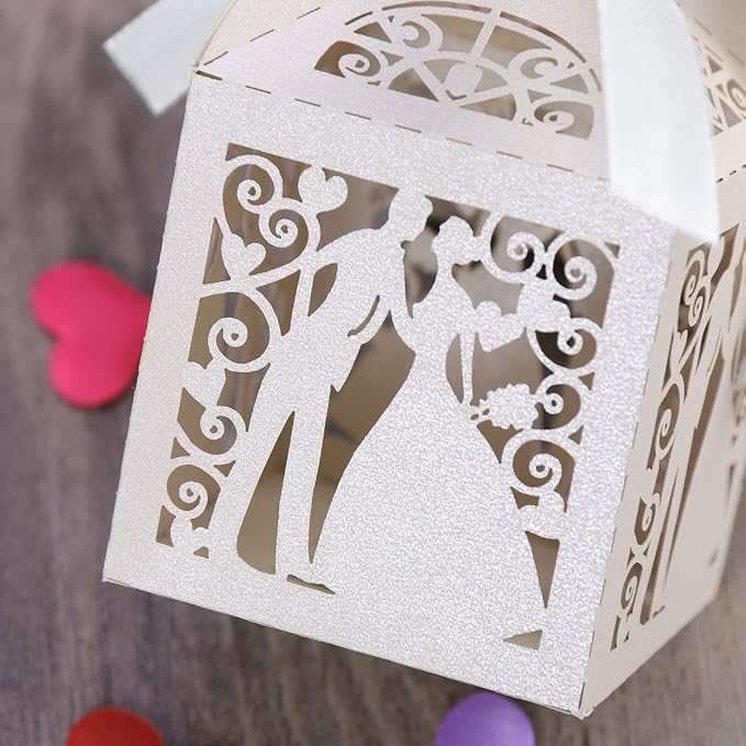 Tinksky 100pcs Wedding Candy Boxes Couple Design Luxury Lase Cut Party Wedding Favor Ribbon Candy Boxes Gift Box Table Decorations (White)
