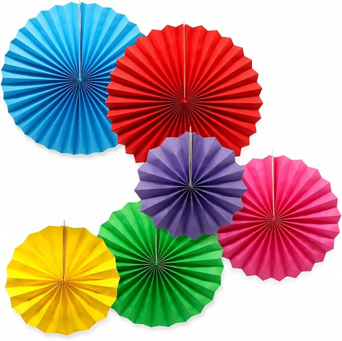 6 Pack Colorful Hanging Paper Fans, Round Pattern Paper Garlands Vibrant Fiesta Pinwheels for Birthday, Back to School Classroom Decor, Baby Shower, Graduation, Wedding Holiday Celebrations