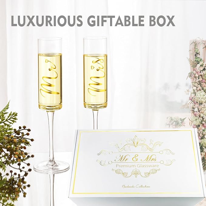 ROXBURGH Wedding Cake Knife and Server Set, Bride and Groom Mr and Mrs Champagne Flutes & Forks with Giftable Box, Cake Cutting Set for Wedding Engagement Bridal Shower Gifts