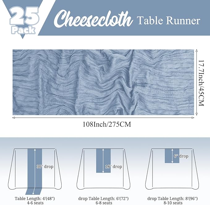 15 Pack Dusty Blue Table Runner 17 x 108inch Cheesecloth Table Runner Boho Gauze Table Runners Rustic Sheer Fabric Cheese Cloth Table Runners for Wedding Party Bridal Shower Farmhouse Home Decor
