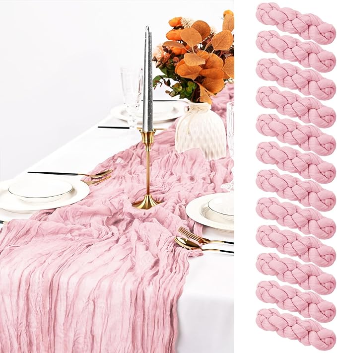 12 Pack Light Pink Table Runner, 10FT Cheesecloth Table Runner Long Romantic Semi Sheer Rustic Boho Gauze Table Runners for Wedding Bridal Shower Birthday Party Decorations(21.5×120 Inch)