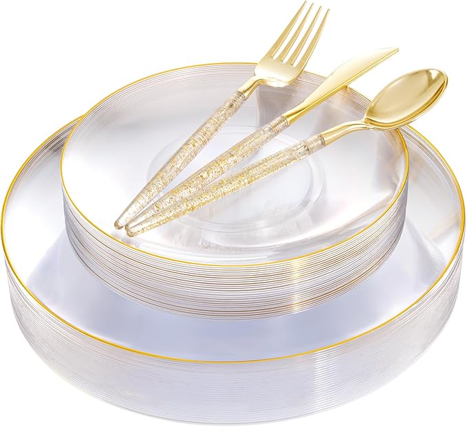 Liacere 150PCS Clear Gold Plastic Plates - Gold Plastic Silverware with Glitter Handle - Clear Disposable Plates Include 30 Guests Plates, Forks, Spoons, Knives for Wedding & Party