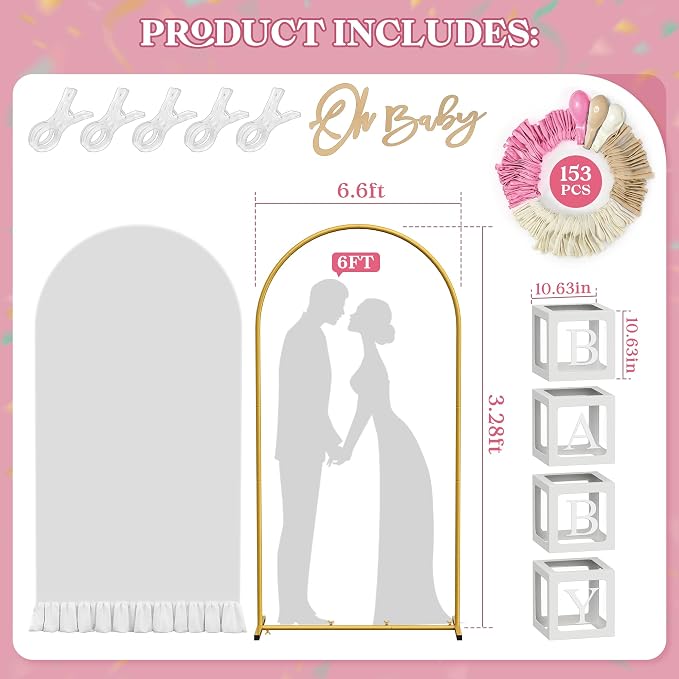 6.6FT Metal Arch Backdrop Stand and Cover Set, Pink Balloon Arch Kit, 153 Pcs Balloons, 4 Baby Shower Box, Letter Stickers, Clips for Baby Shower, Gender Reveal, Birthday, Wedding Decor