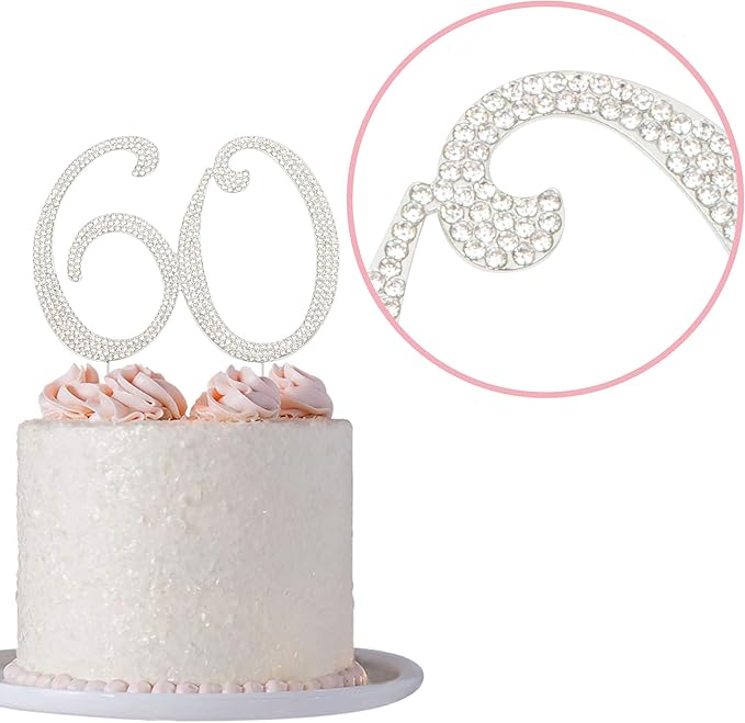 60 Cake Topper - Premium Silver Metal - 60th Birthday or Anniversary Party Sparkly Rhinestone Decoration Makes a Great Centerpiece - Now Protected in a Box