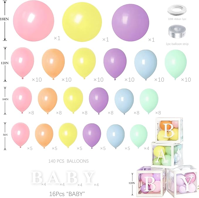 144Pcs Pastel Rainbow Balloon Arch Kit with 4 Baby Boxes - Macaron Pink Purple Blue Yellow Balloons for Unicorn Birthday, Ice Cream Theme, Baby Shower Girl Decorations