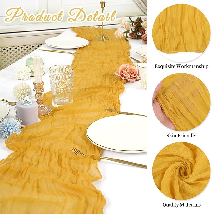 20 Pack Cheesecloth Table Runner 17 x 108 inch Long Boho Gauze Table Runners Semi Sheer Table Runner for Wedding Decor, Baby Shower, Birthday Party, Banquet (Gold)