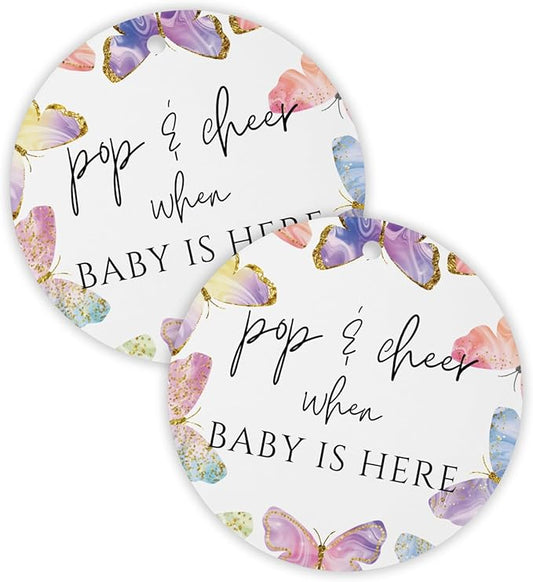 Pop and Cheer When Baby is Here Butterly Hang Tag | 30pk 2.5” Circle Rainbow Floral Cards Stickers Modern Minimalist Champagne Tags Baby Shower Party Favors
