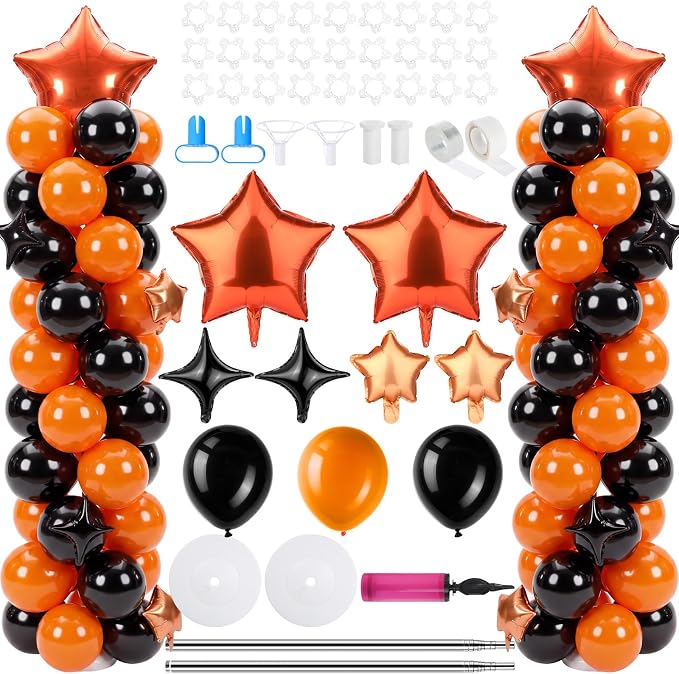 Gejoy 110 Pcs Orange Black Balloons Column Stand Kit Adjustable Tower Stand from 1.4 to 6.6 ft with Bases for Back to School Wedding Birthday Baby Shower Party