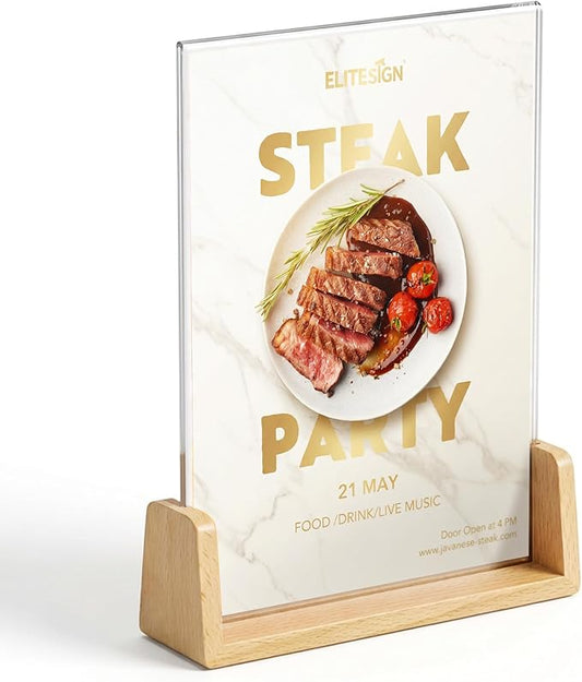 U-Shaped Acrylic Sign Holder 8.5 x 11 with Wood Base, Clear Double-Sided Flyer Stands for Display Menu, Flyer, Poster, Certificate, Photo, Restaurant, Office, and Home (1pk)