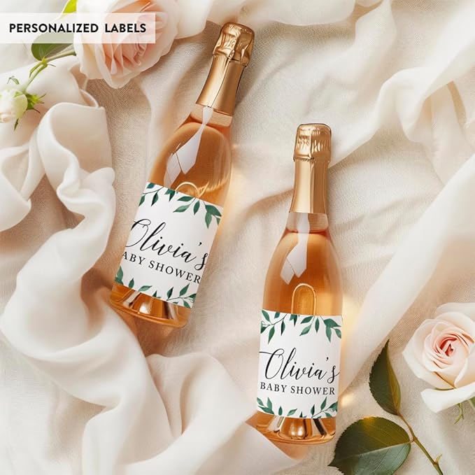Andaz Press Personalized Mini Champagne Wine Bottle Labels, Olivia's Baby Shower, Date, Greenery Green Leaves, 20-Pack, Custom Mini Champagne Favor Gift Labels Stickers for Baby Shower