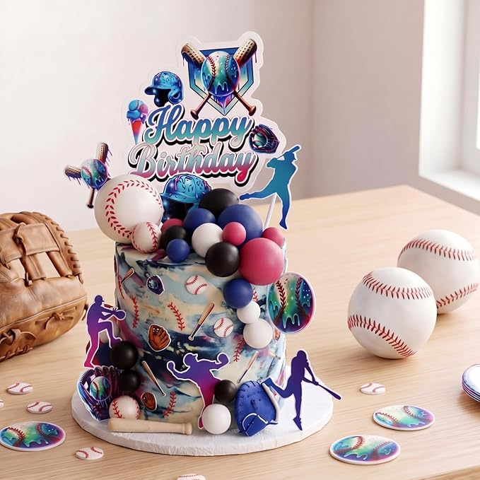 Novabright 42 Pcs Baseball Ice Cream Drip Birthday Cake Decorations Baseball Themed Birthday Cake Toppers Detachable Photo Props for Party Supplies (Ice Cream,Black)