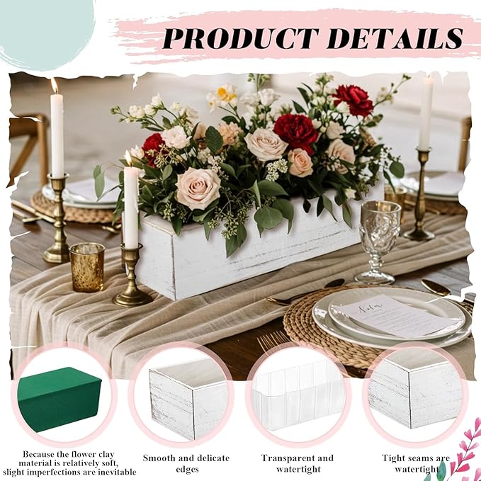 Dandat 12 Set Wood Boxes for Centerpieces 12x4 Inch Rectangle Wooden Planter Box Rustic Wooden Planters with Removable Plastic Liner Floral Foam Blocks for Christmas Wedding Home Garden Decor(White)