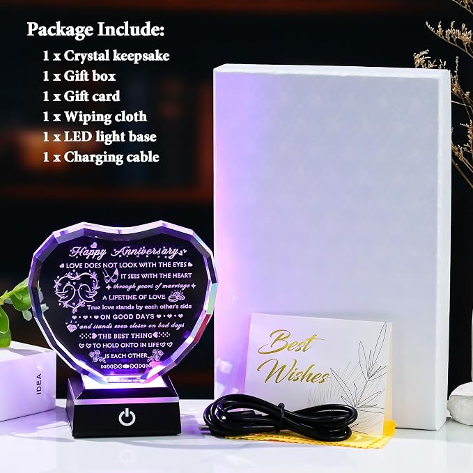 Arikyrist Wedding Anniversary Crystal Heart Gifts for Couple Parents, Happy Anniversary Crystal Gift for Wife Husband Men Women with LED Base Marriage Present for Him Her Girlfriend Boyfriend