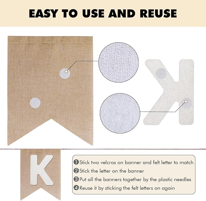 Custom Banner Kit, 28 Burlap Banner with 92 Felt Letters, Make Your Own Diy Customizable Kit for Birthday Wedding Party Decorations