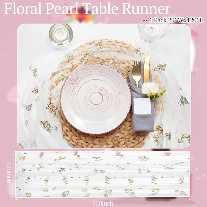 Lounsweer White Wildflower Table Runner 10ft Embroidery Tulle Spring Floral Table Runner Seasonal Summer Butterfly Kitchen Dining Gauze Decoration for Wedding Baby Shower Birthday Party