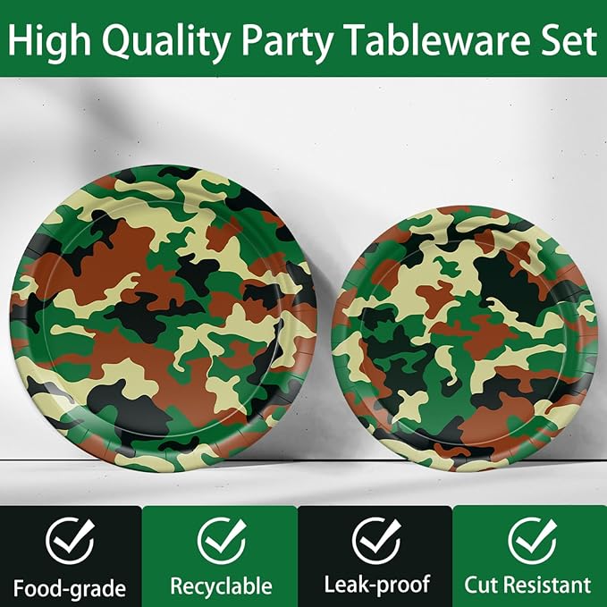 206pcs Camo Party Decorations Paper Plates Napkins Camouflage Tableware Set Disposable Cups Forks Knives Spoons with Camo Tablecloth Banner for Boy Camouflage Hunting Military Birthday Party Supplies