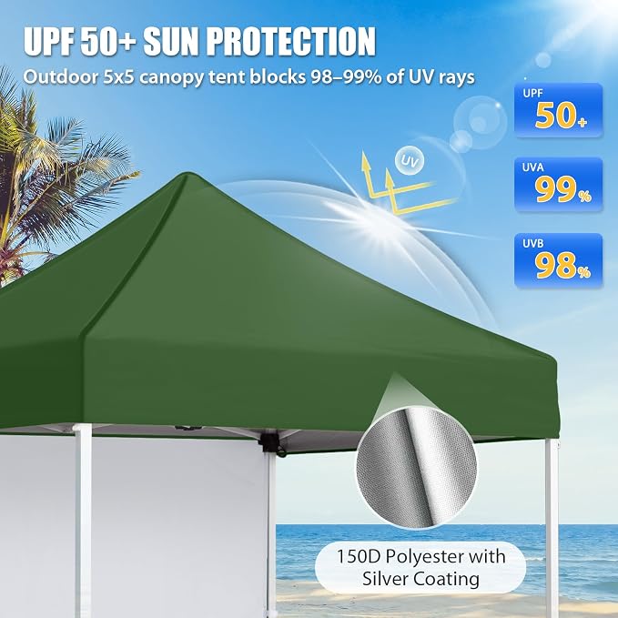 EAGLE PEAK Pop up Canopy 5x5, Outdoor Portable Canopy Tent with One Removable Sunwall, Carry Bag Included, Green