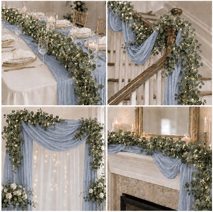 Cinrobiye 11pcs Cheesecloth Table Runner Set 120 Inch – Gauze Table Runner with Napkins, Eucalyptus Garland & String Lights for Wedding Baby Shower Table Decor, Rustic Boho