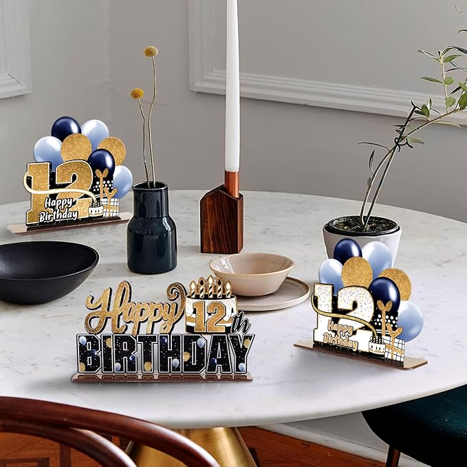 LINGTEER Happy 12th Birthday Gold Acrylic Table Topper Centerpieces Set - Cheers to Twelve Years Old Birthday 12th Bday Party Gift Decorations.