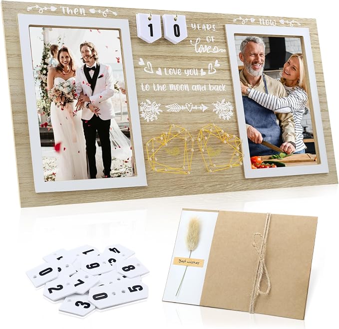 Then & Now Anniversary Picture Frame – Anniversary Wedding Gift for Couple & Parents, 1–99 Years Double 4x6 Picture Frame with Number Cards & Greeting Card (Natural Wood Color)