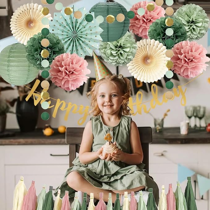 Sage Green and Pink Happy Birthday Party Decorations Dusty Pink Sage Green Tissue Pom Poms Paper Lanterns Beige Paper Fans Tassel Garlands for Women Girls Birthday Baby Shower Decoration