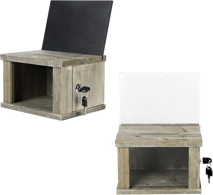 MyGift 2 Pcs Suggestion Box, Tip Jar, Comment Box and Money Donation Collection with Lock, Key, and Interchangeable Acrylic and Chalkboard Sign Holder, Vintage Gray Brown Solid Wood