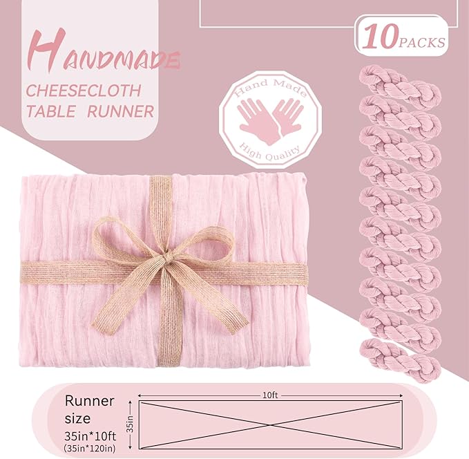 10 Packs Pink Cheesecloth Table Runner - Baby Pink, 35x120 inch Rustic Gauze Boho Wedding Table Runner Decoration for Wedding Party Bridal Shower