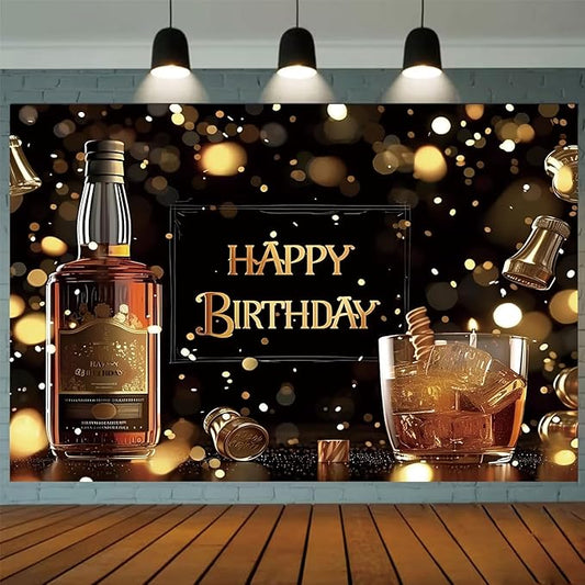 Whiskey Happy Birthday Backdrop Black Gold Glitter Bokeh Background Aged to Perfection Whiskey Birthday Party Decorations Men Supplies Vinyl Photo Booth Prop Cheer Table Decor Banner -9 * 6ft