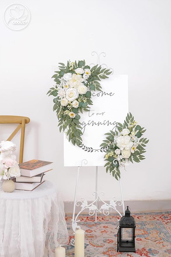 Odouzy Pack of 2 Wedding Arch Decorations Artificial Hanging Flowers Floral Swag for Wedding Welcome Sign Backdrop Balloon Arch Home Party Bridal Ceremony Reusable(New White)