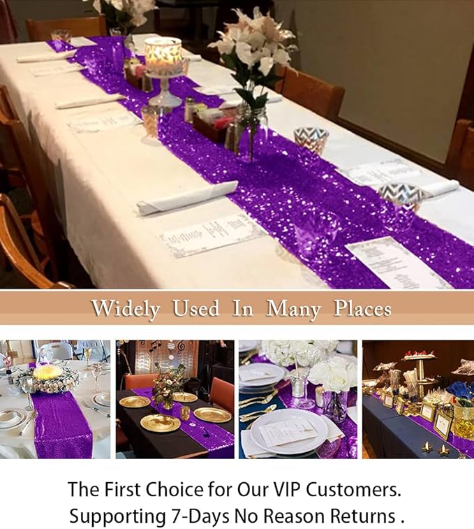 ShinyBeauty Purple Sequin Table Runners 12x108 Inches (Pack of 10) - Glittering Wedding, Graduation, Birthday, Baby Shower Party Decor, Elegant Holiday Table Cover Supplies
