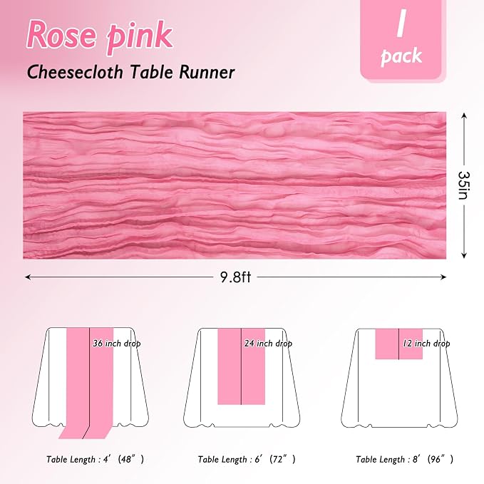 12 Pack Rose Pink Cheesecloth Table Runner 120 Inch 10FT Cheese Cloth Runners for Baby Shower, Valentine's Day, Wedding Decoration, Birthday Party