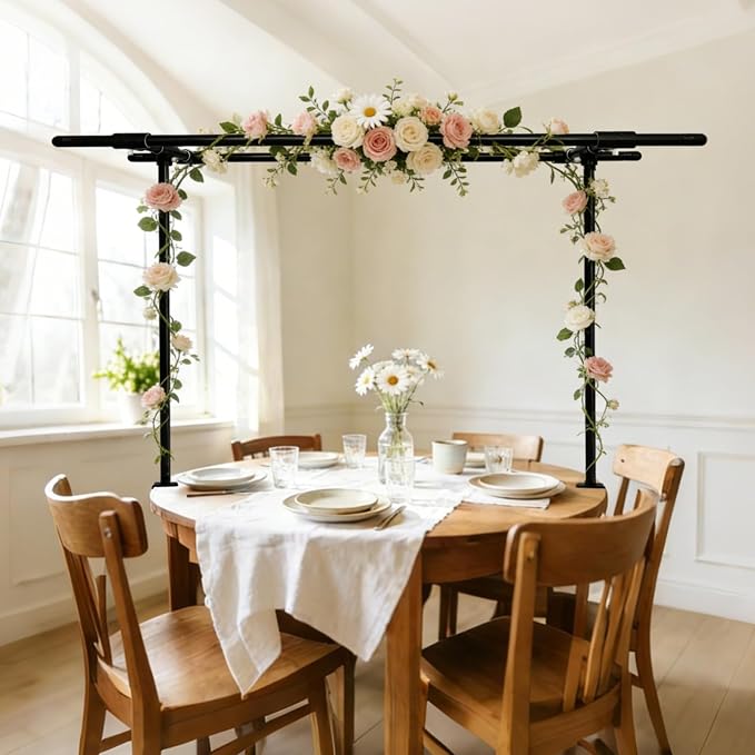 Beyeutao Black Over The Table Rod Stand with Clamps Metal Double Crossbar Table Arch Stand 16"-87" Length 16"-45" Height Adjustable Table Banner stand Garden Arbors Fit for Wedding Birthday Party Christmas Decoration